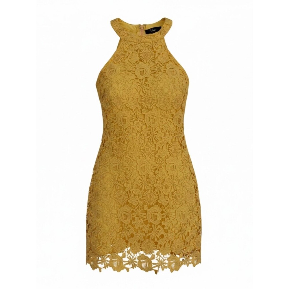Lulus Yellow Floral Lace Halter Mini Dress XS